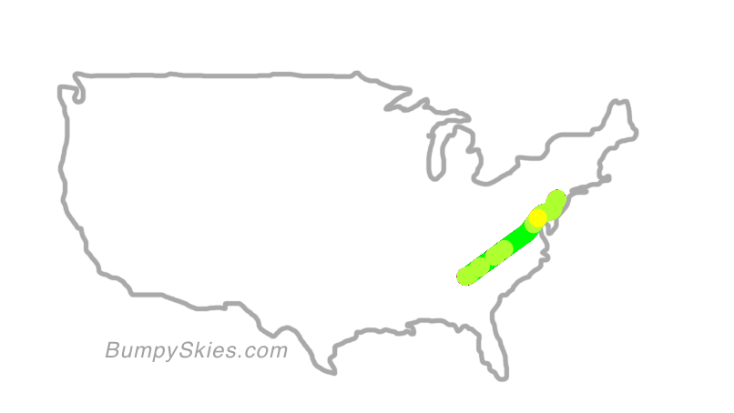Map of continental US with illustrated flight path and turbulence forecast (described in text below)