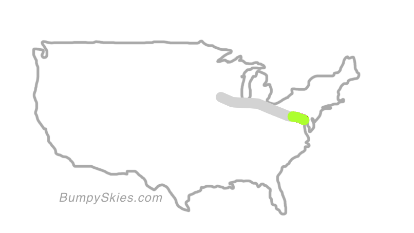 Map of continental US with illustrated flight path and turbulence forecast (described in text below)