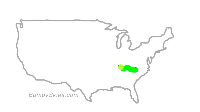 Map of continental US with illustrated flight path and turbulence forecast (described in text below)