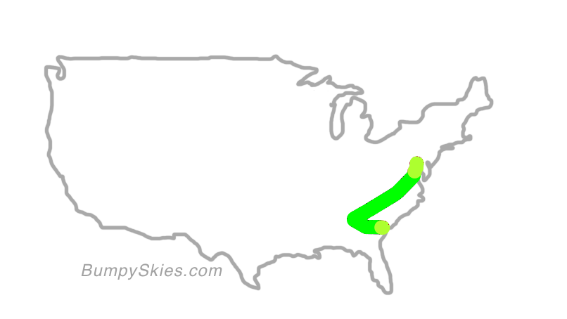Map of continental US with illustrated flight path and turbulence forecast (described in text below)