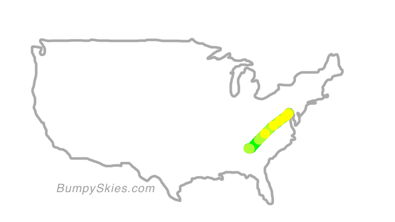 Map of continental US with illustrated flight path and turbulence forecast (described in text below)