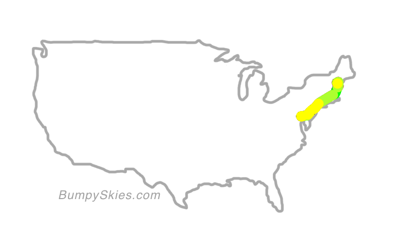 Map of continental US with illustrated flight path and turbulence forecast (described in text below)