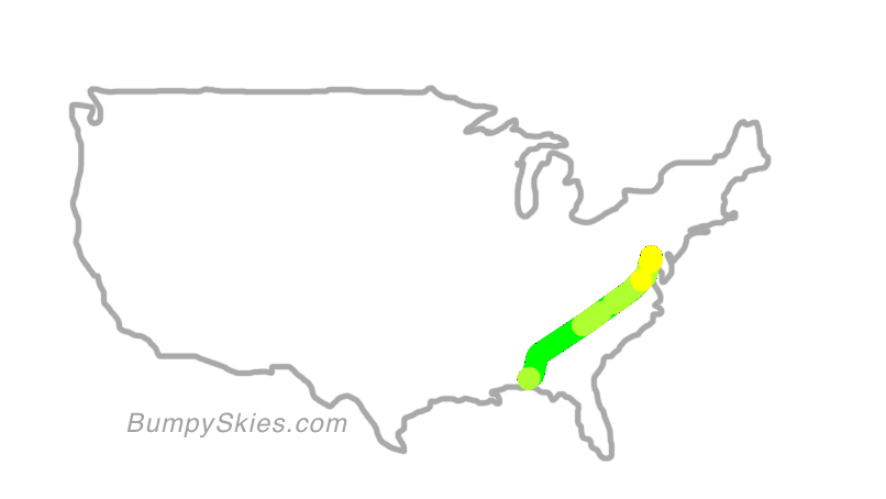 Map of continental US with illustrated flight path and turbulence forecast (described in text below)