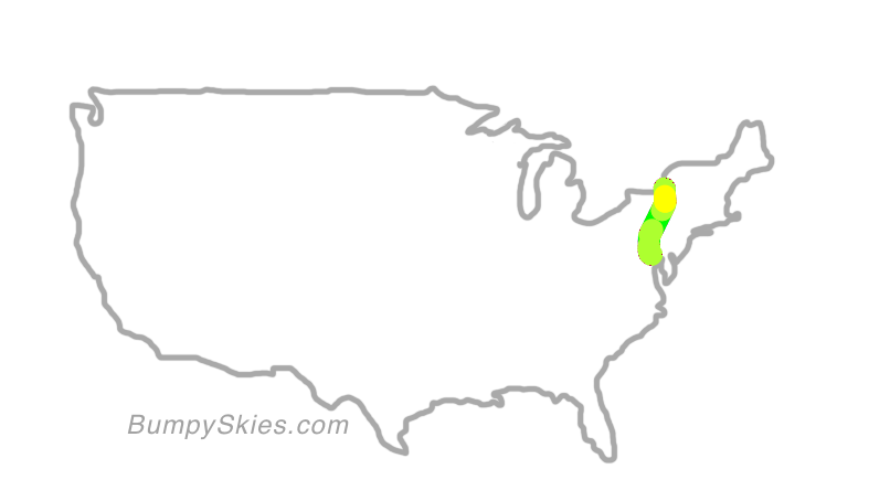 Map of continental US with illustrated flight path and turbulence forecast (described in text below)