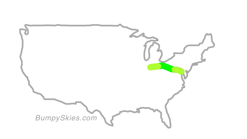 Map of continental US with illustrated flight path and turbulence forecast (described in text below)