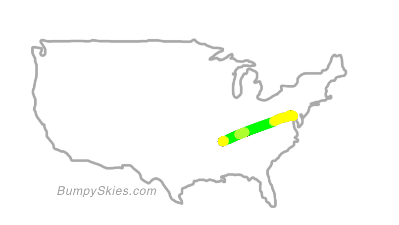 Map of continental US with illustrated flight path and turbulence forecast (described in text below)