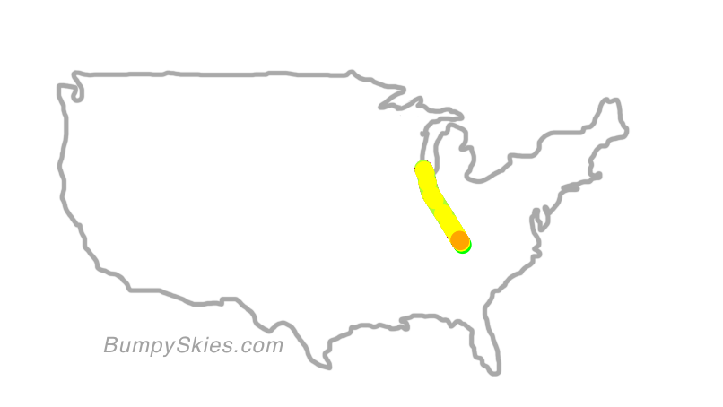 Map of continental US with illustrated flight path and turbulence forecast (described in text below)