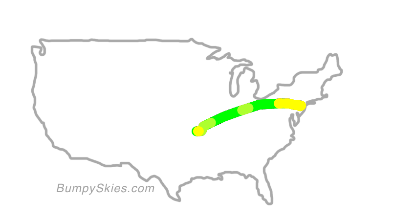 Map of continental US with illustrated flight path and turbulence forecast (described in text below)