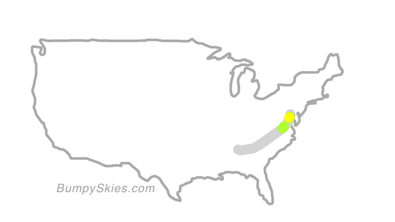Map of continental US with illustrated flight path and turbulence forecast (described in text below)