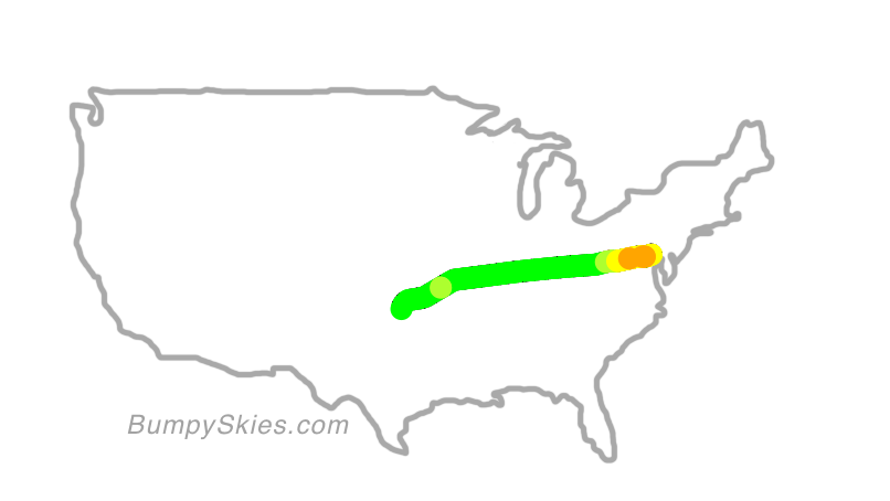 Map of continental US with illustrated flight path and turbulence forecast (described in text below)