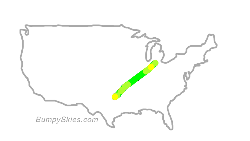 Map of continental US with illustrated flight path and turbulence forecast (described in text below)