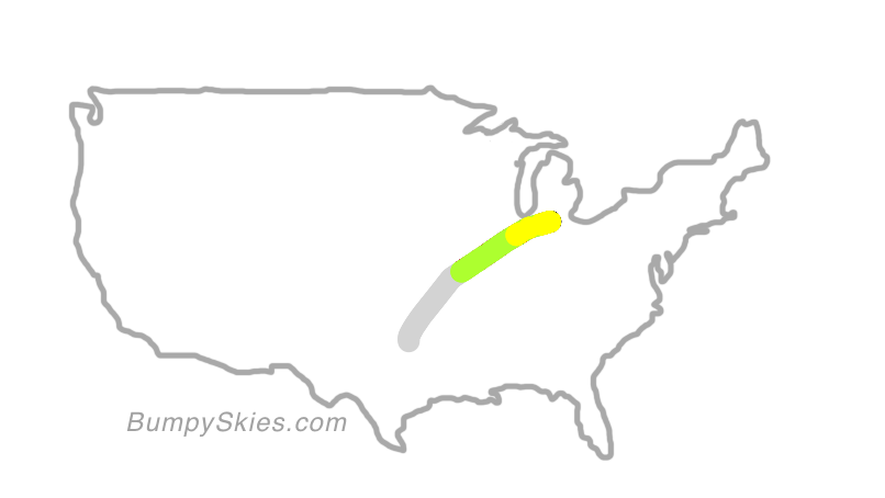 Map of continental US with illustrated flight path and turbulence forecast (described in text below)
