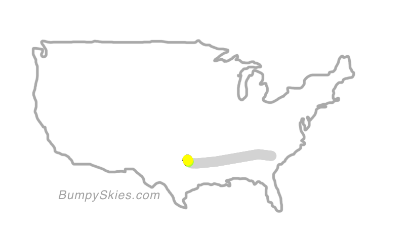 Map of continental US with illustrated flight path and turbulence forecast (described in text below)
