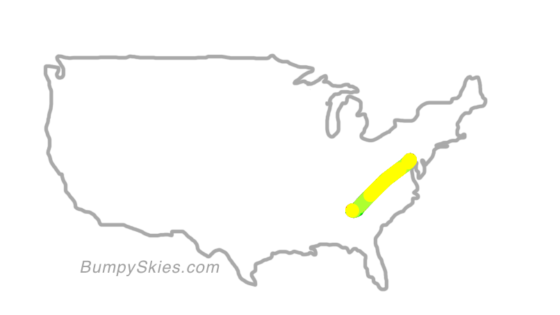Map of continental US with illustrated flight path and turbulence forecast (described in text below)