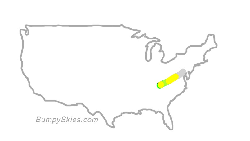 Map of continental US with illustrated flight path and turbulence forecast (described in text below)