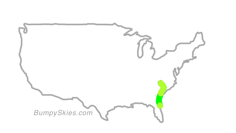 Map of continental US with illustrated flight path and turbulence forecast (described in text below)