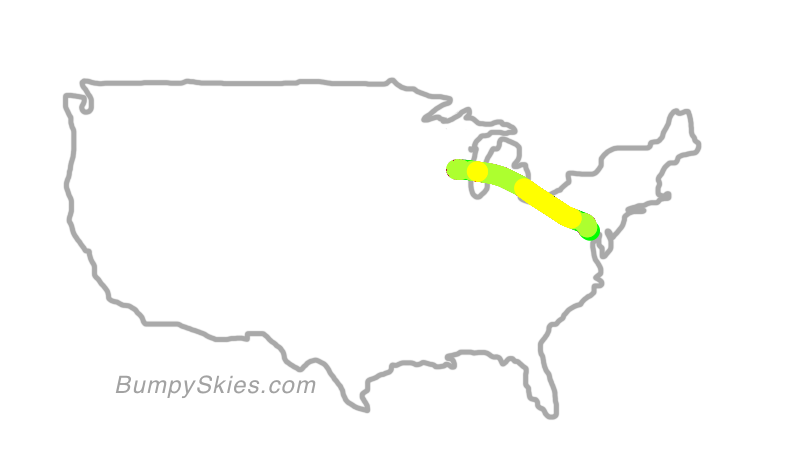 Map of continental US with illustrated flight path and turbulence forecast (described in text below)