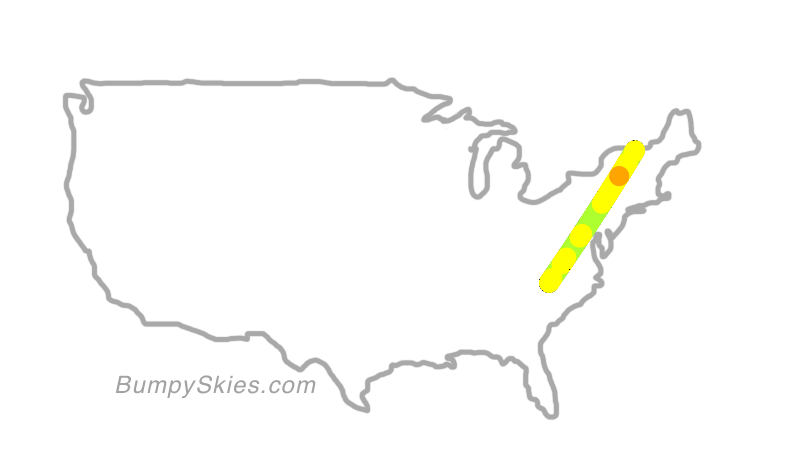 Map of continental US with illustrated flight path and turbulence forecast (described in text below)