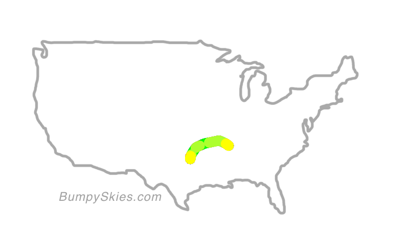 Map of continental US with illustrated flight path and turbulence forecast (described in text below)