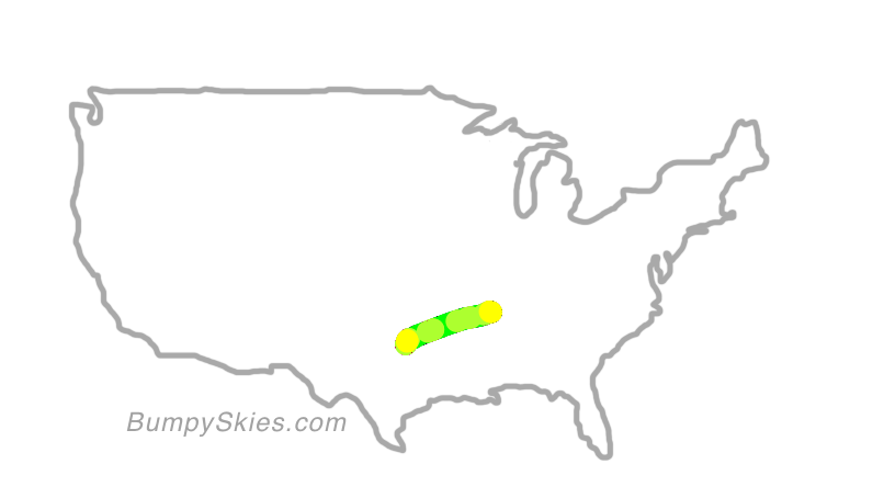Map of continental US with illustrated flight path and turbulence forecast (described in text below)