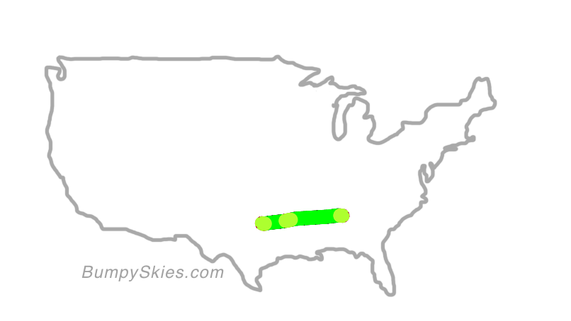 Map of continental US with illustrated flight path and turbulence forecast (described in text below)