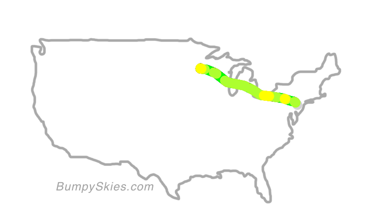 Map of continental US with illustrated flight path and turbulence forecast (described in text below)