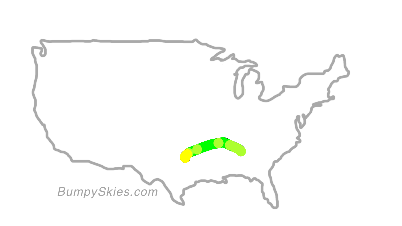 Map of continental US with illustrated flight path and turbulence forecast (described in text below)