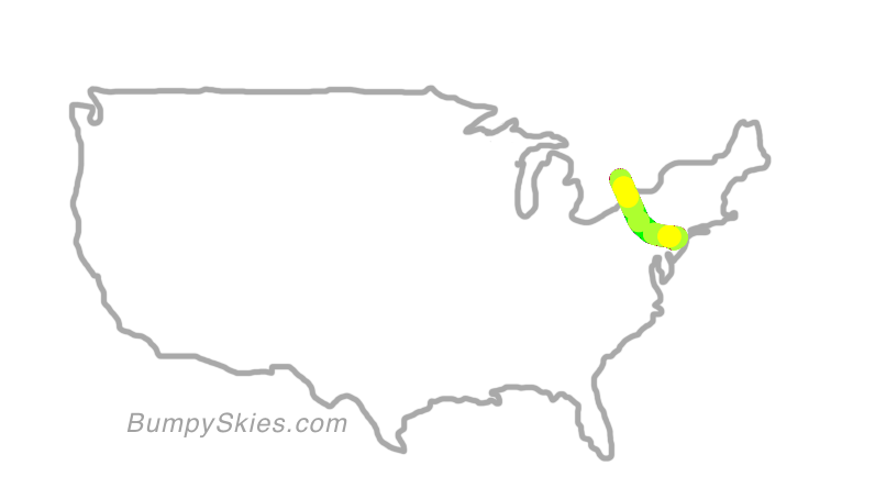 Map of continental US with illustrated flight path and turbulence forecast (described in text below)