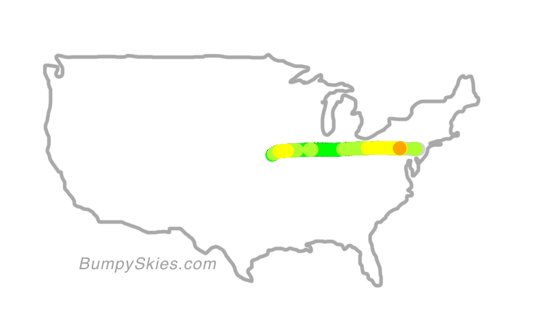 Map of continental US with illustrated flight path and turbulence forecast (described in text below)