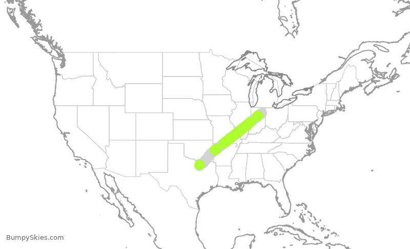 Turbulence forecast map for JIA5537, FWA to DFW