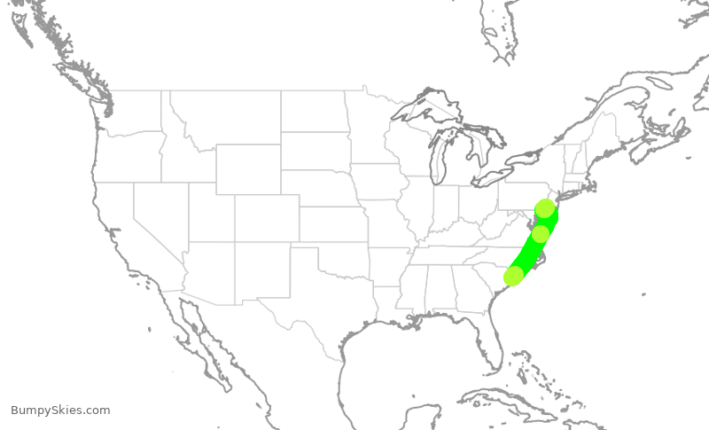 Turbulence forecast map for JIA5550, MYR to PHL