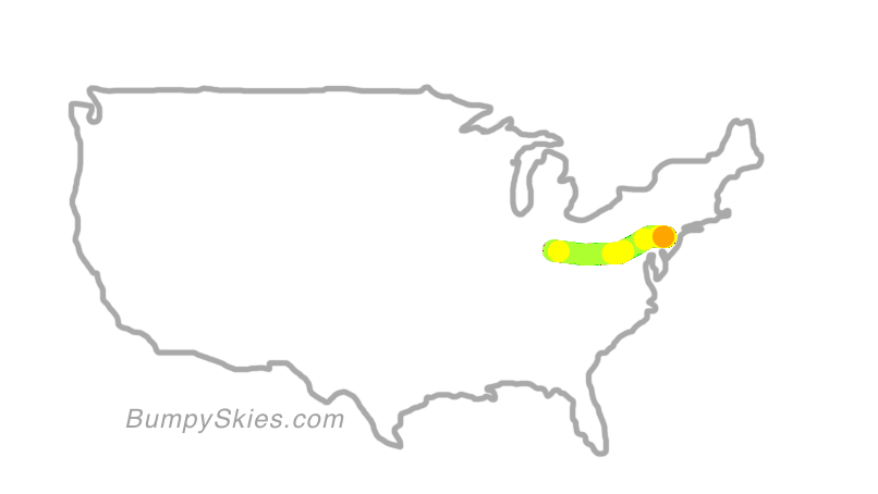 Map of continental US with illustrated flight path and turbulence forecast (described in text below)