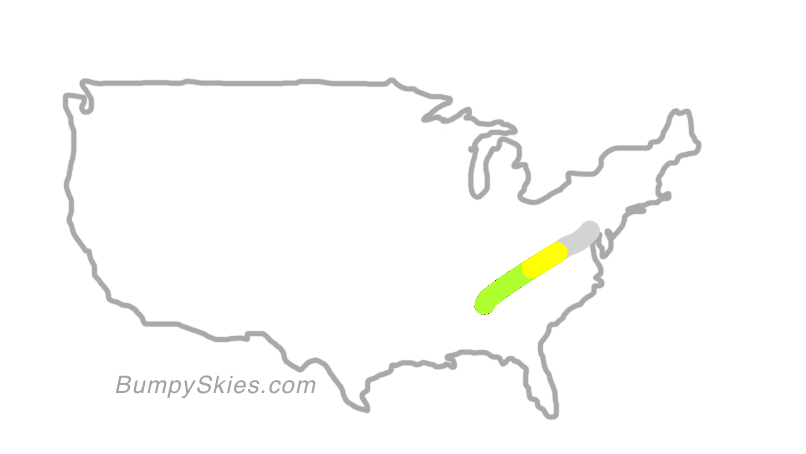 Map of continental US with illustrated flight path and turbulence forecast (described in text below)