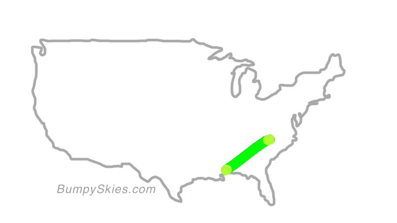 Map of continental US with illustrated flight path and turbulence forecast (described in text below)