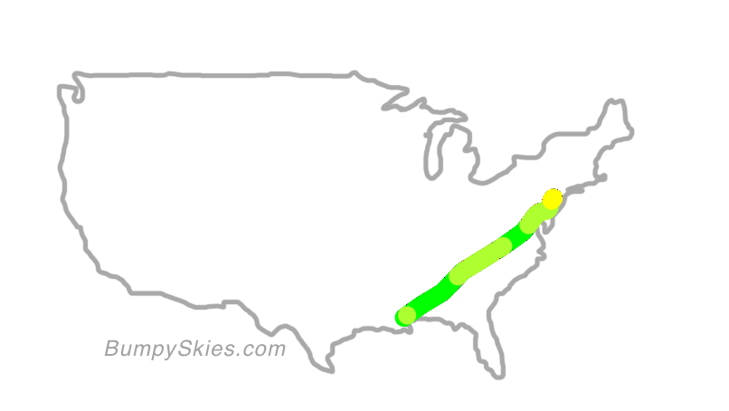 Map of continental US with illustrated flight path and turbulence forecast (described in text below)