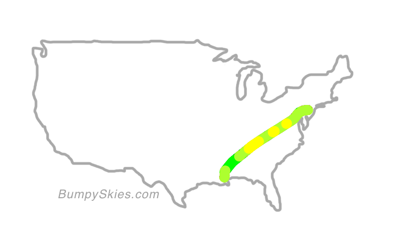 Map of continental US with illustrated flight path and turbulence forecast (described in text below)