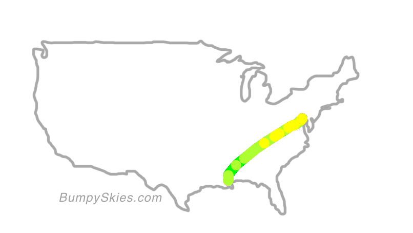Map of continental US with illustrated flight path and turbulence forecast (described in text below)