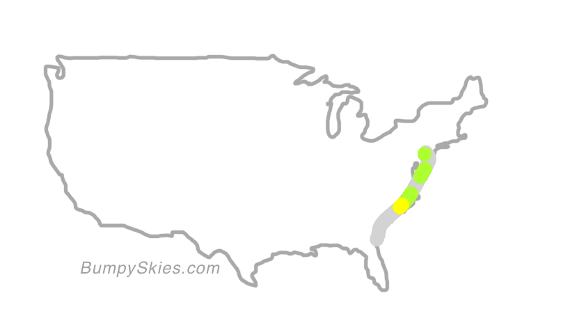 Map of continental US with illustrated flight path and turbulence forecast (described in text below)