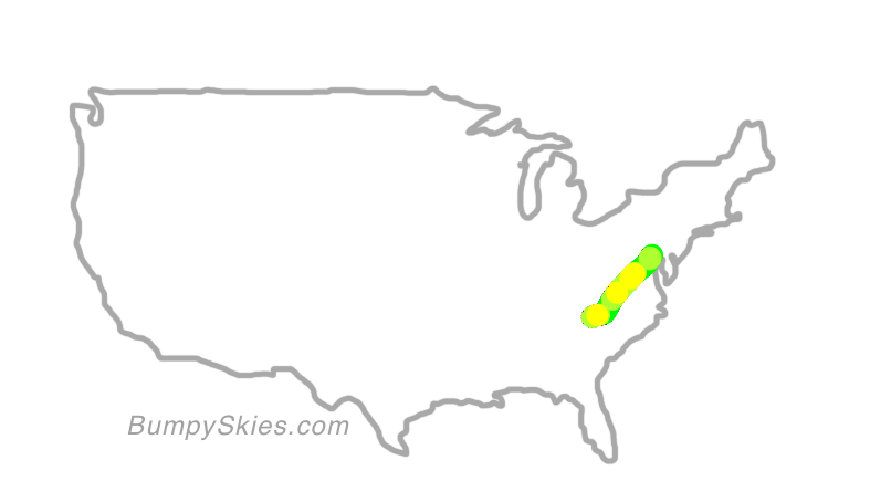 Map of continental US with illustrated flight path and turbulence forecast (described in text below)