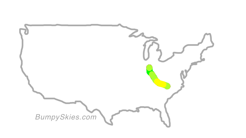 Map of continental US with illustrated flight path and turbulence forecast (described in text below)