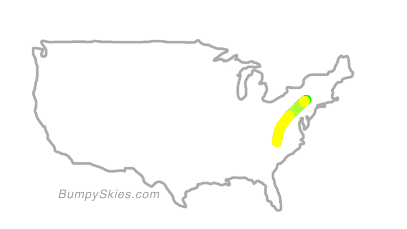 Map of continental US with illustrated flight path and turbulence forecast (described in text below)