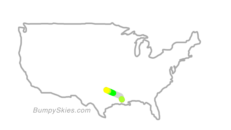 Map of continental US with illustrated flight path and turbulence forecast (described in text below)