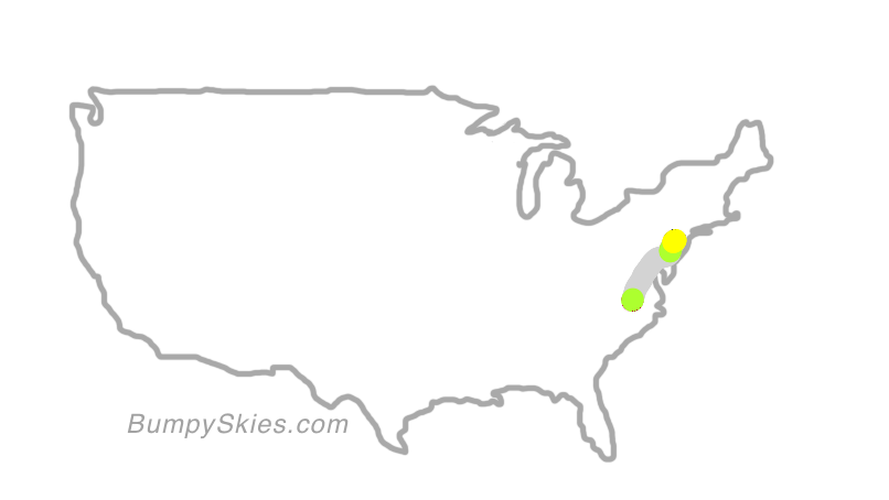 Map of continental US with illustrated flight path and turbulence forecast (described in text below)