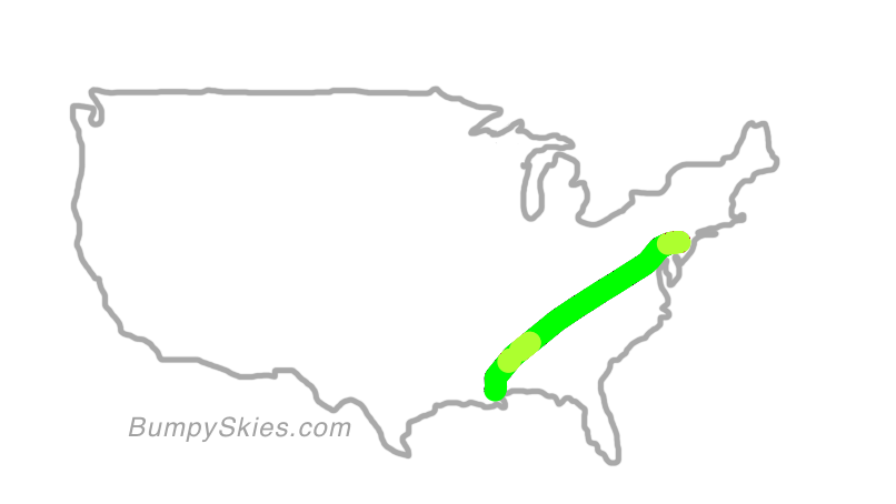 Map of continental US with illustrated flight path and turbulence forecast (described in text below)