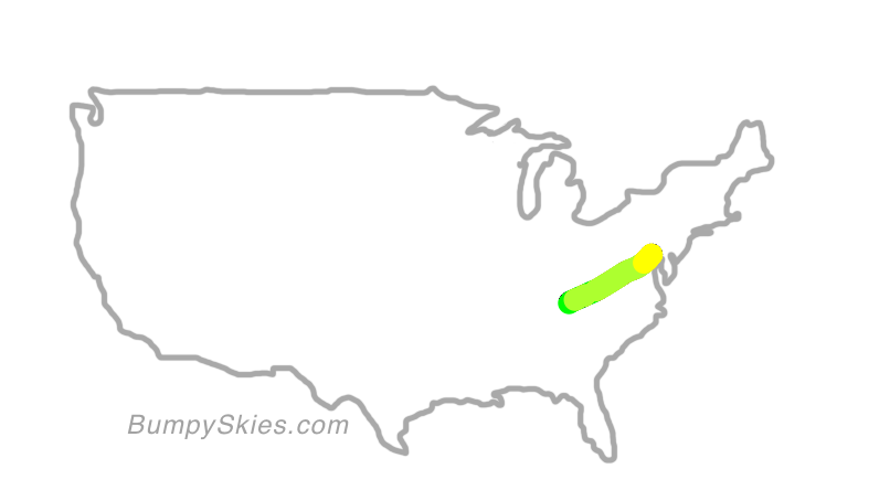 Map of continental US with illustrated flight path and turbulence forecast (described in text below)