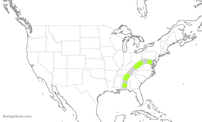 Turbulence forecast map for JIA5599, PNS to DCA