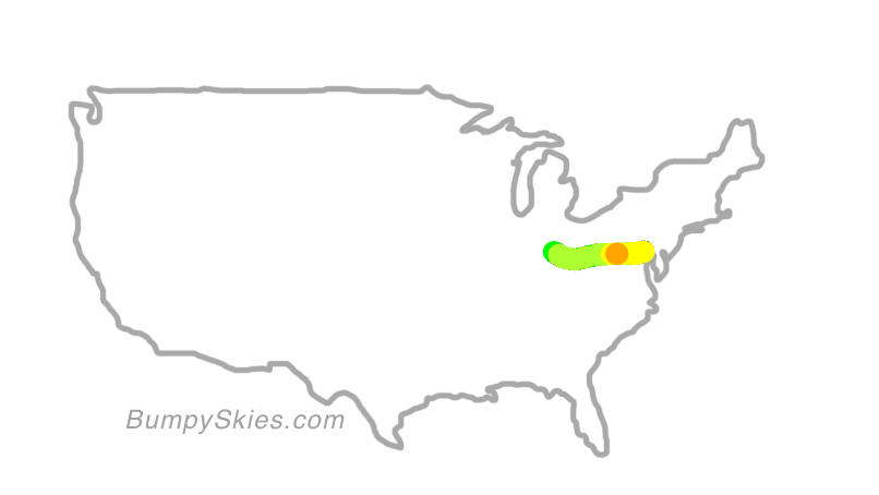 Map of continental US with illustrated flight path and turbulence forecast (described in text below)