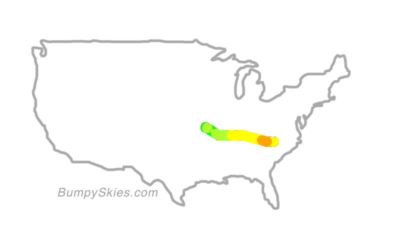 Map of continental US with illustrated flight path and turbulence forecast (described in text below)