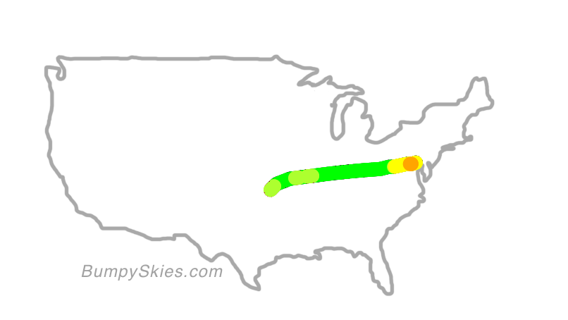 Map of continental US with illustrated flight path and turbulence forecast (described in text below)