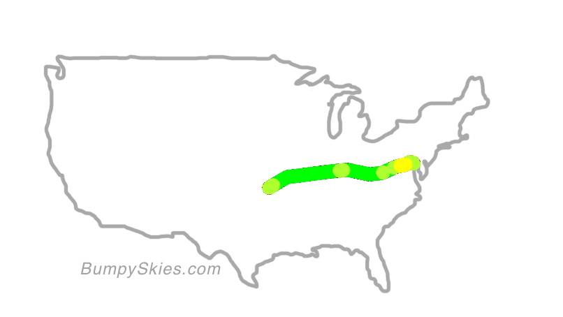 Map of continental US with illustrated flight path and turbulence forecast (described in text below)